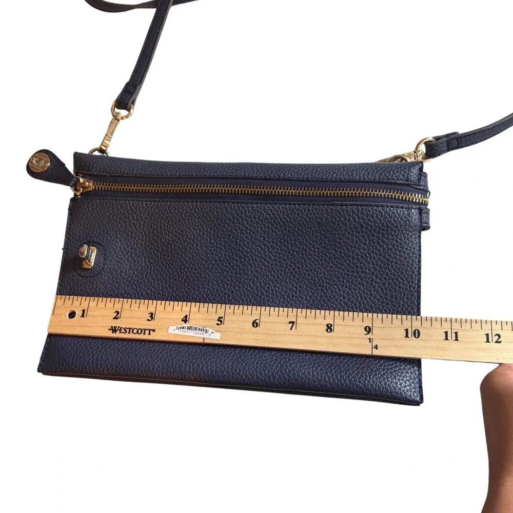 Sondra Roberts Square Navy Blue Pebbled Crossbody Bag Gold Hardware Slim Clutch